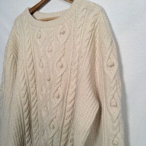 Aran Handknit Fisherman Sweater Men XL Natural Ivory Cable Chunky Knit Pullover